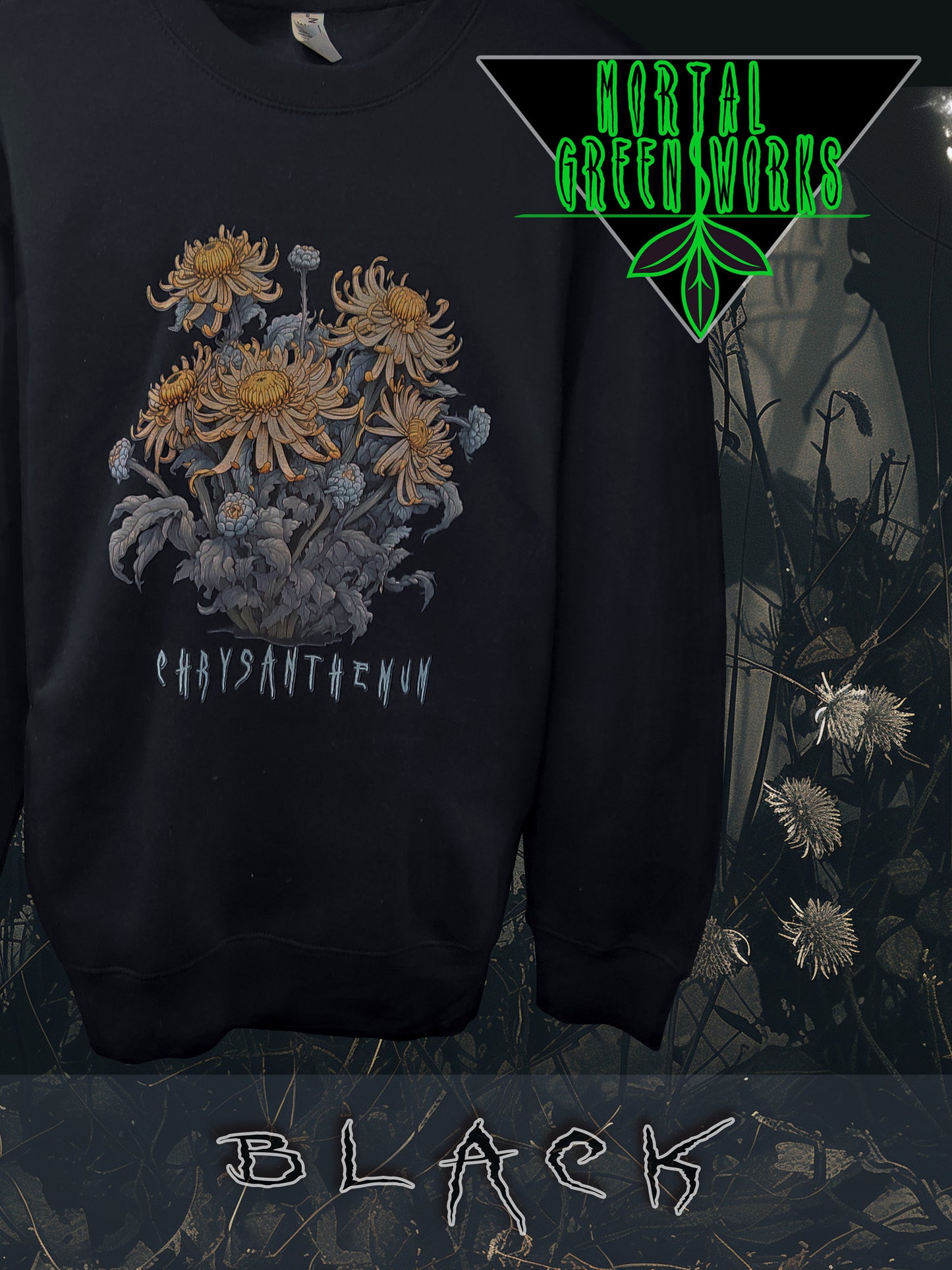 Black sweatshirt showcasing golden chrysanthemums with 'CHRY-SANTHE-MUM' script