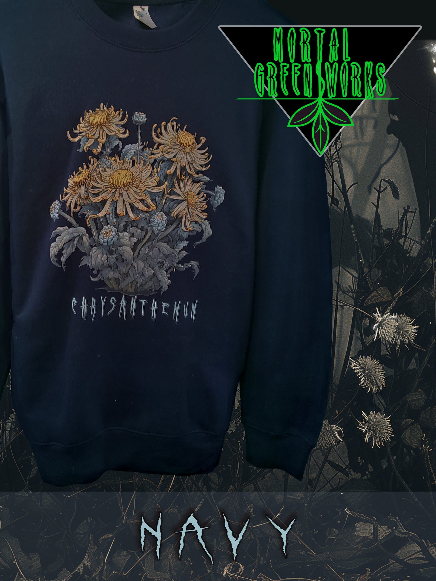 Navy sweatshirt with gold and blue chrysanthemum artwork and 'CHRY-SANTHE-MUM' lettering, from Mortal Greenworks.