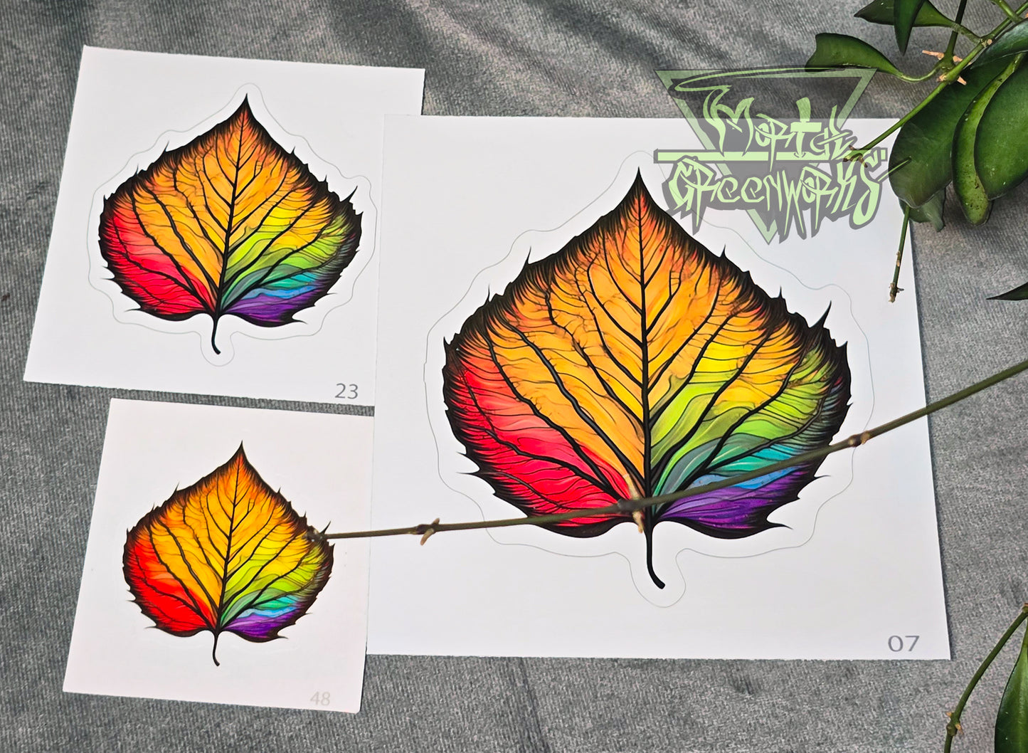 Errie, Digitally Stenciled Rainbow Birch Leaf Cut to Shape Sticker