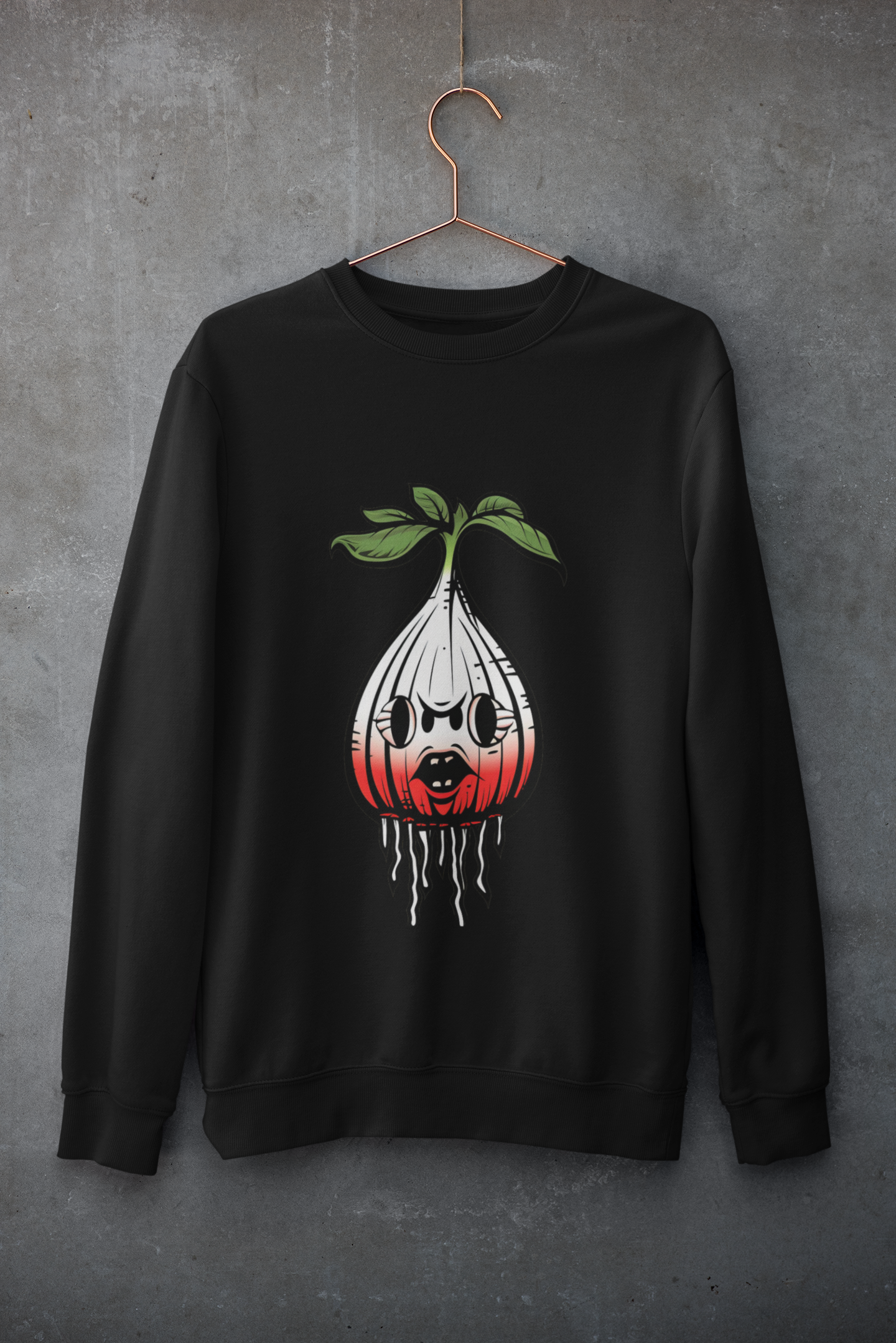 Cottagecore horror-themed black sweatshirt featuring 'Sinister Radish' design with spooky roots and ominous eyes