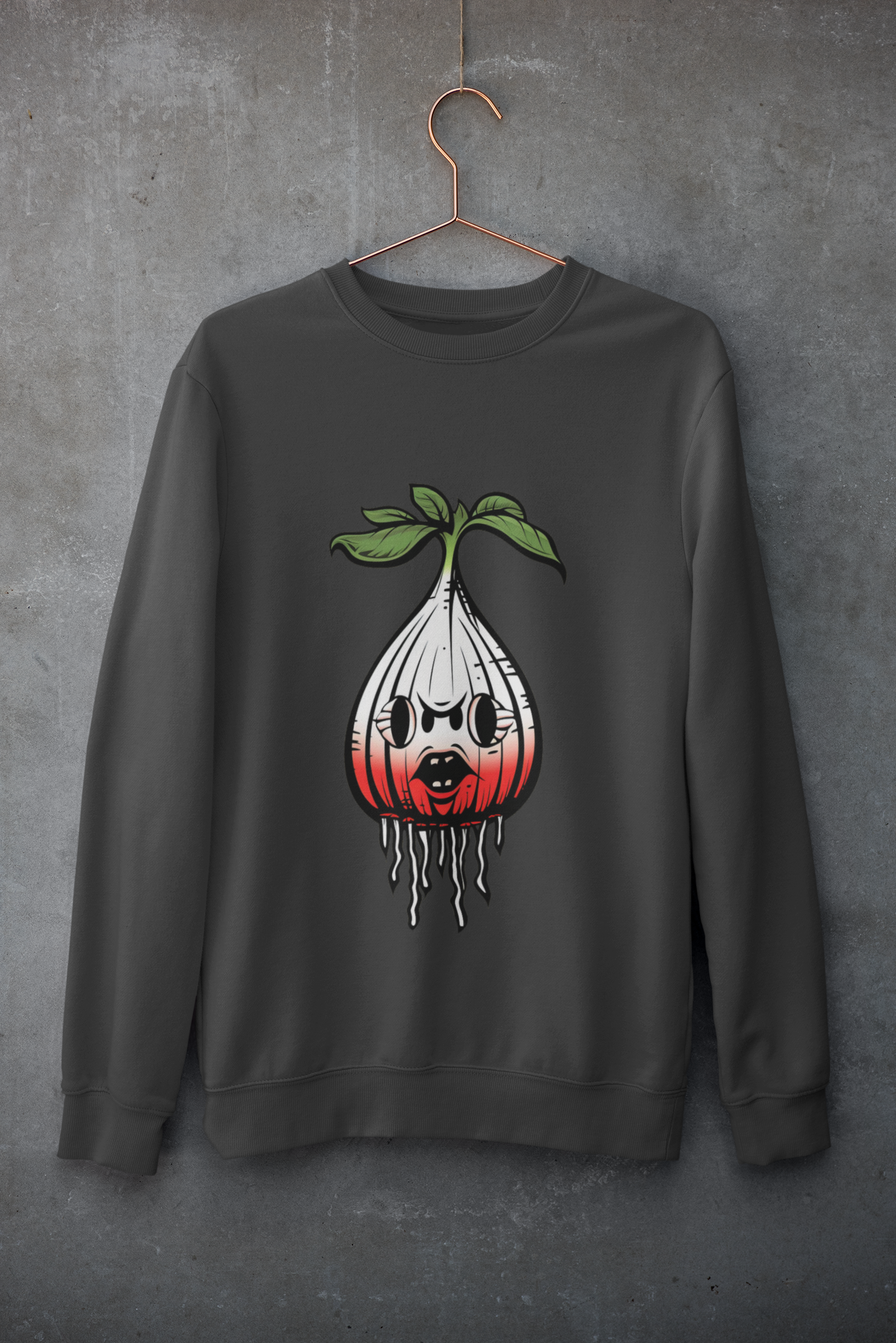 Gothic 'Sinister Radish' character on a charcoal heather crewneck, merging dark humor with plant life for an alternative cottagecore aesthetic.