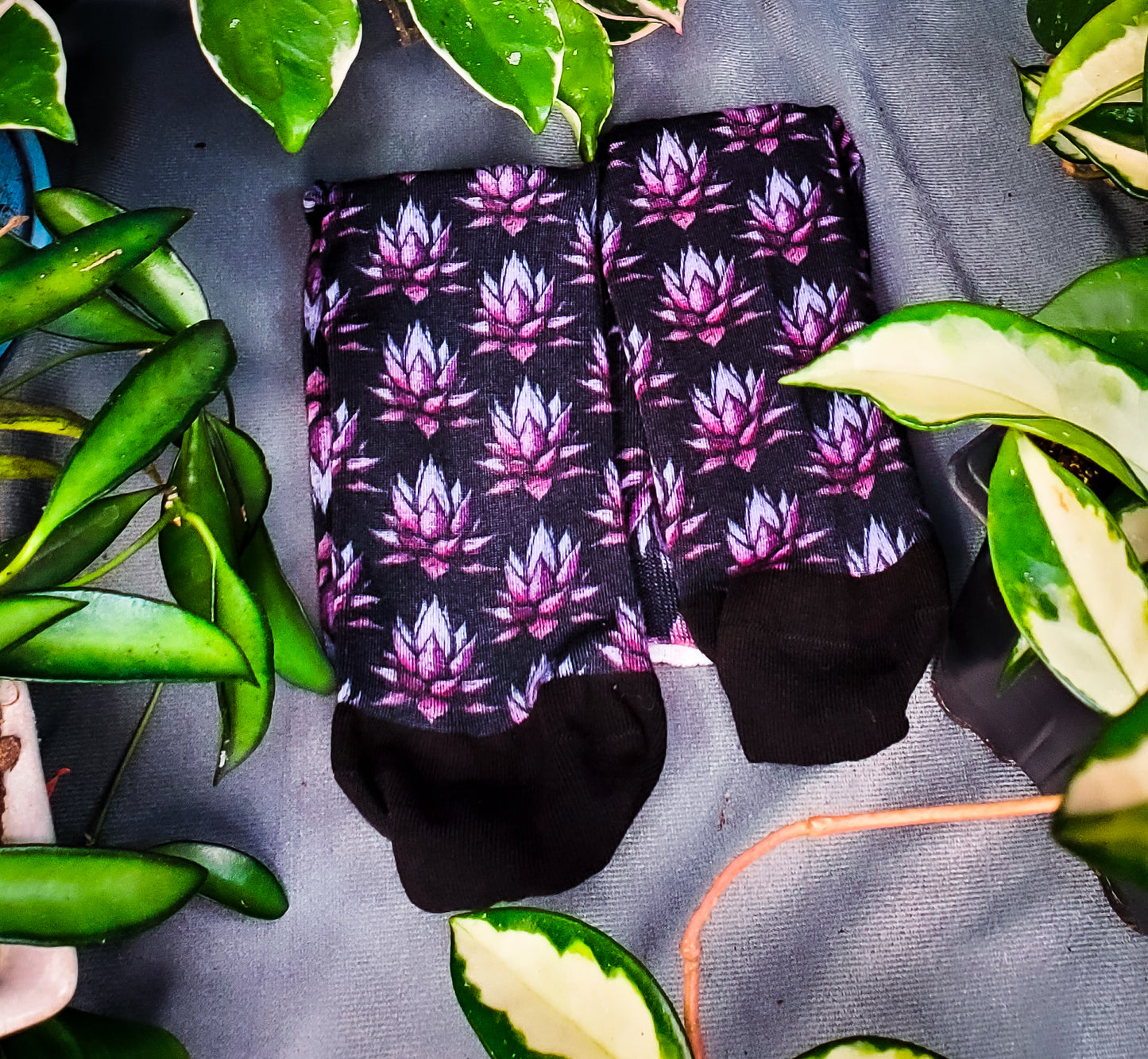 Eerily beautiful socks adorned with purple agave prints, nestled in a natural setting of leaves.