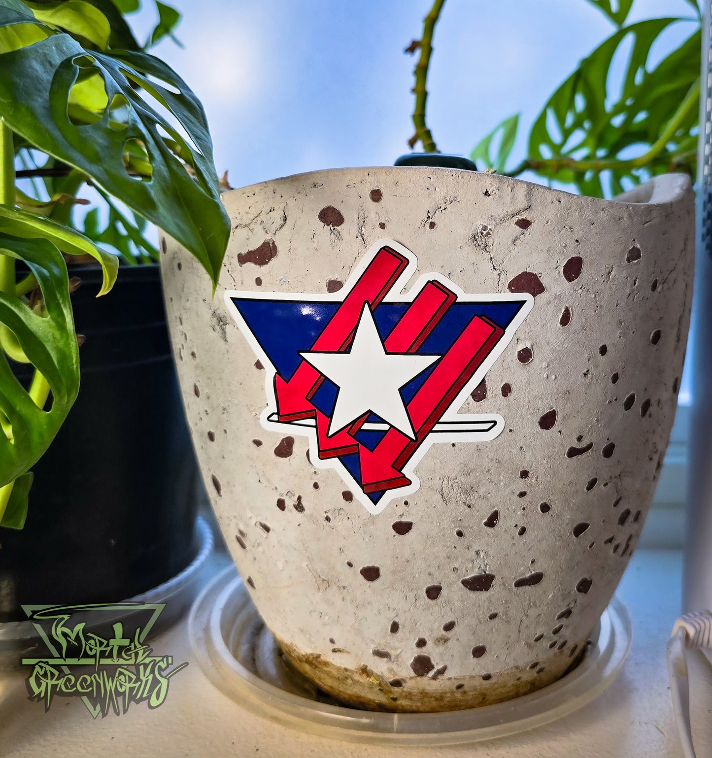 Ceramic planter with a white star-shaped, three red arrows pointing downward to the left, and an upside-down blue triangle surrounded by green monstera plants. 