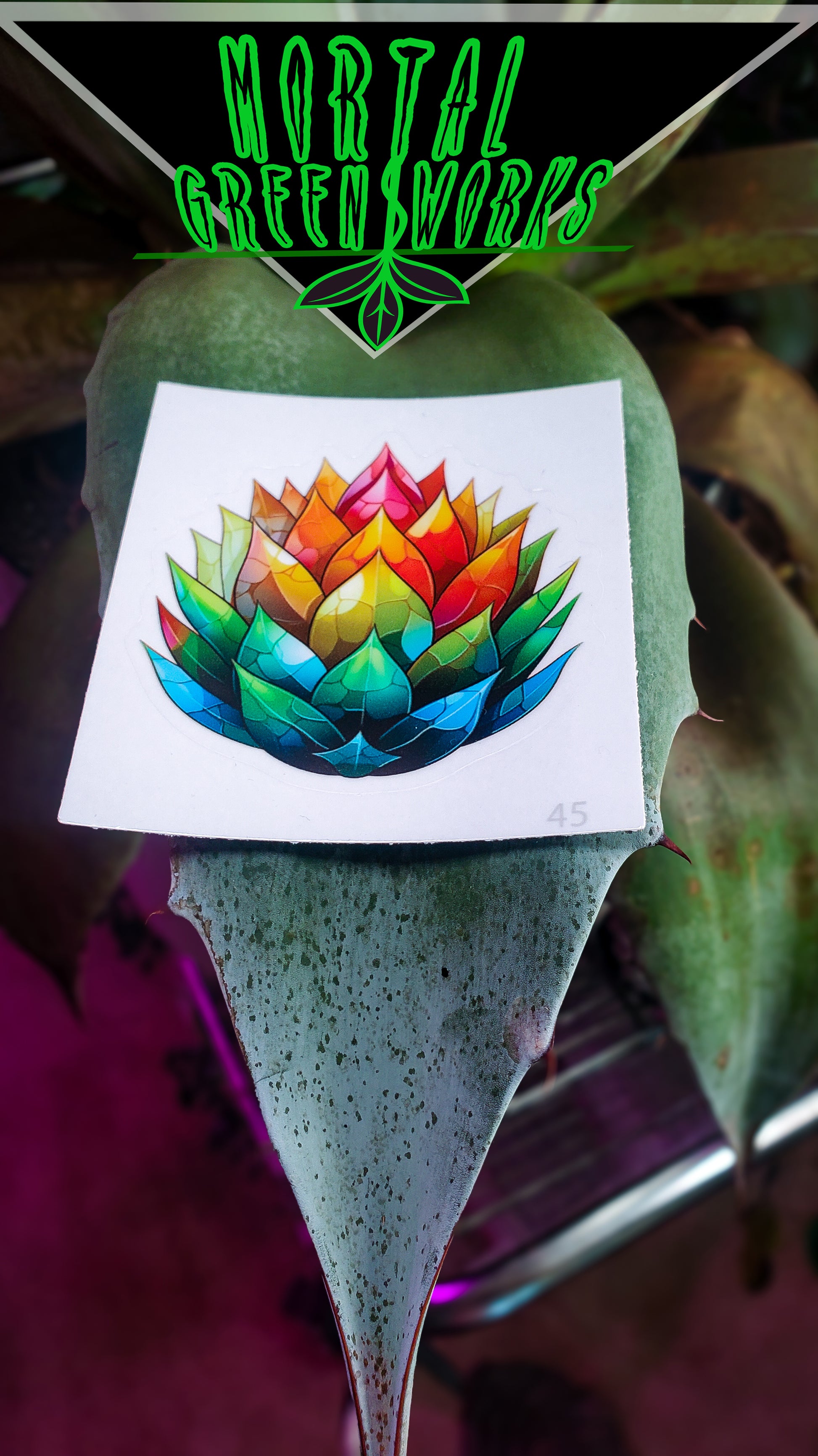 The 'Cosmic Rainbow Agave' sticker, with vibrant, multicolored leaves, affixed to an agave spike, under 'Mortal Greenworks' branding.