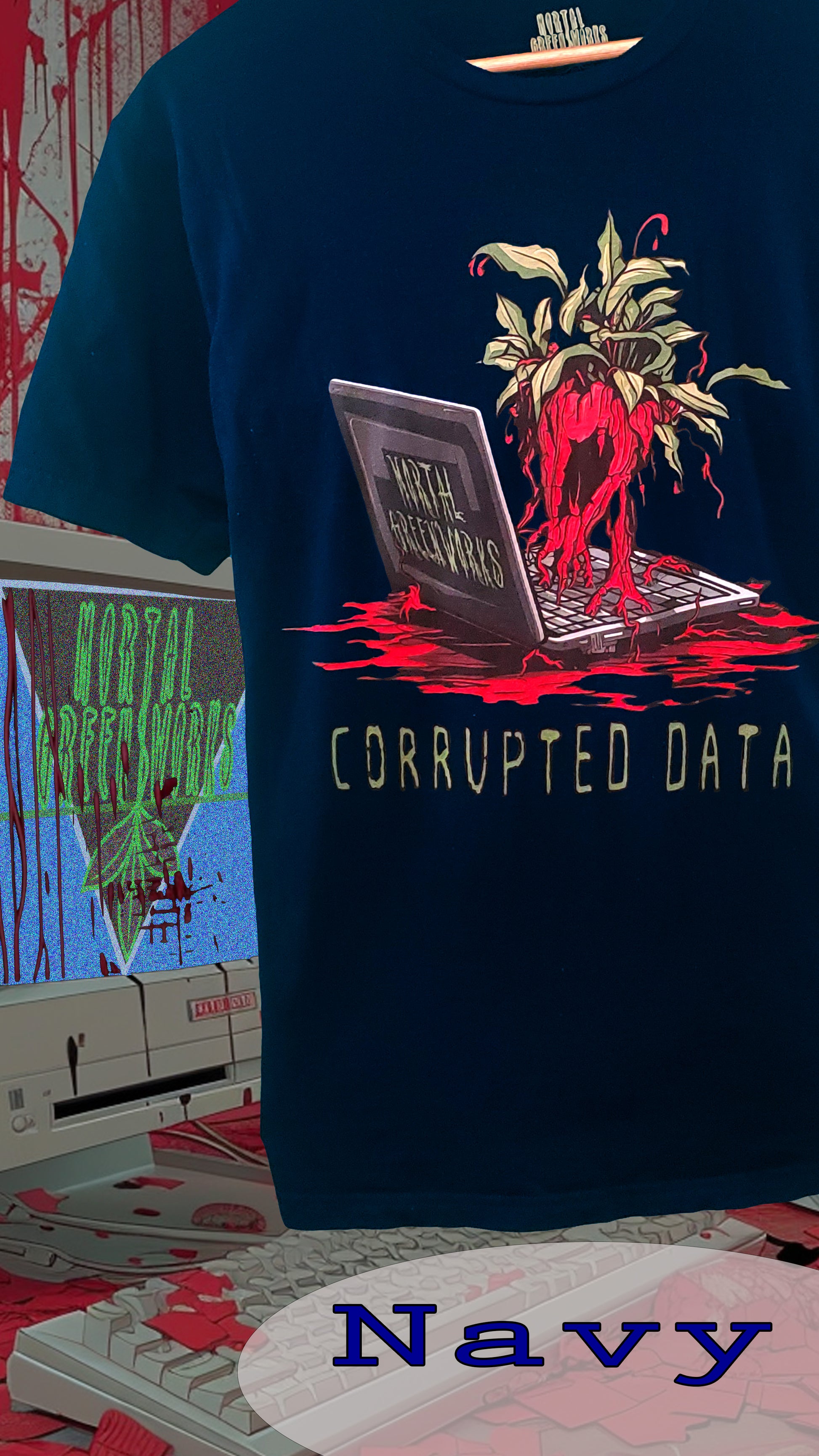 Navy T-shirt with 'Mortal Greenworks' and 'CORRUPTED DATA' text, featuring a plant growing out of a laptop.