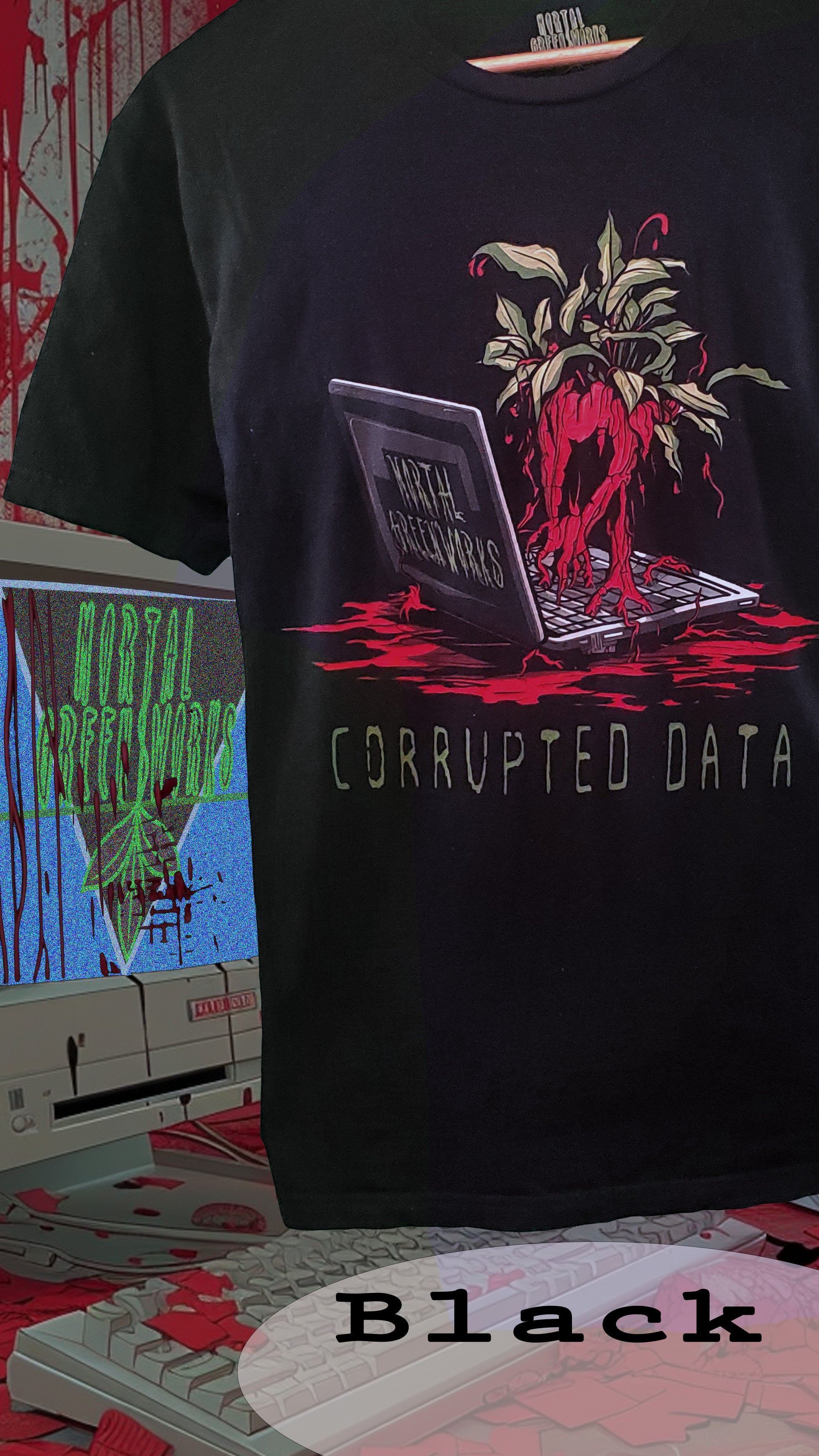 Black T-shirt with 'Mortal Greenworks' and 'CORRUPTED DATA' text, featuring a plant growing out of a laptop.