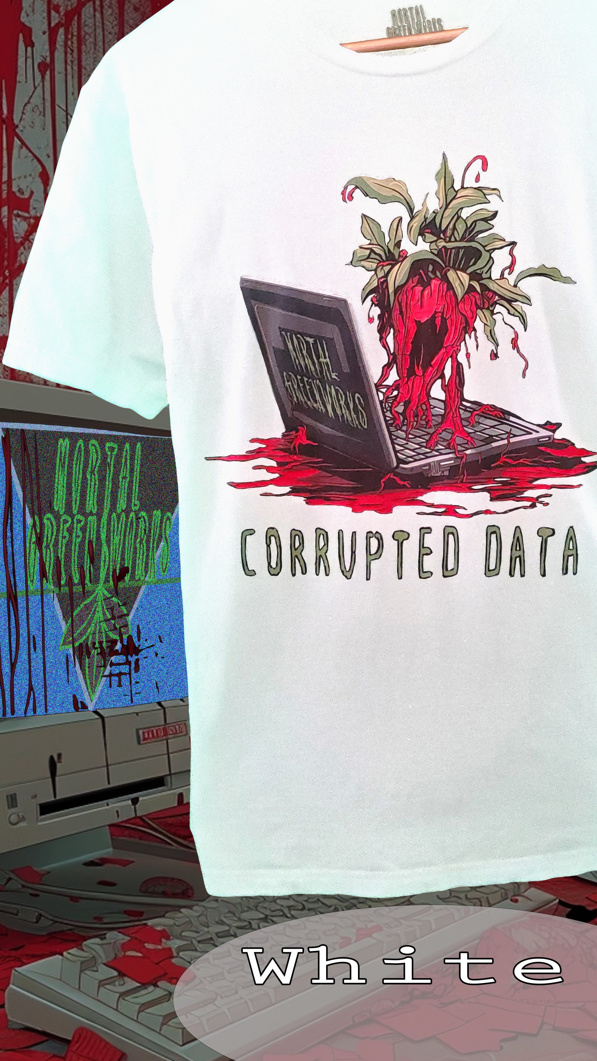 White T-shirt with 'Mortal Greenworks' and 'CORRUPTED DATA' text, featuring a plant growing out of a laptop.