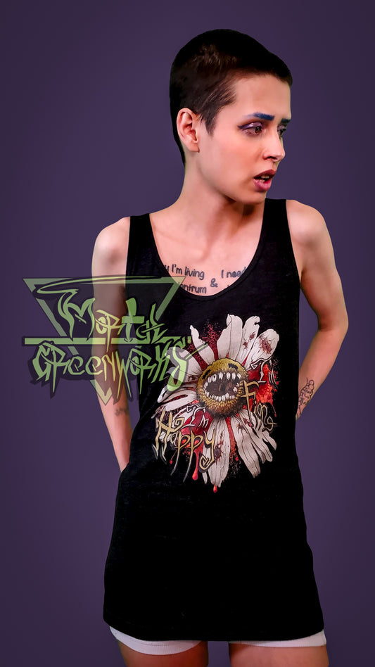 A thin model is looking to the left of the screen, while displaying the black tank top of the diseased daisy that says "I'm Happy, I'm Fine." The background is a deep purple and the Mortal Greenworks logo displays on the left hand side of the model.