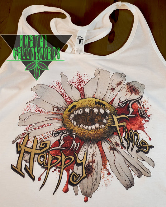 White women's racerback tank top showcasing a daisy with tattered petals, teeth, and swollen throat glands. The words 'I'm Happy' and 'Fine' are integrated into the design, blending dark humor with a cottagecore horror aesthetic.