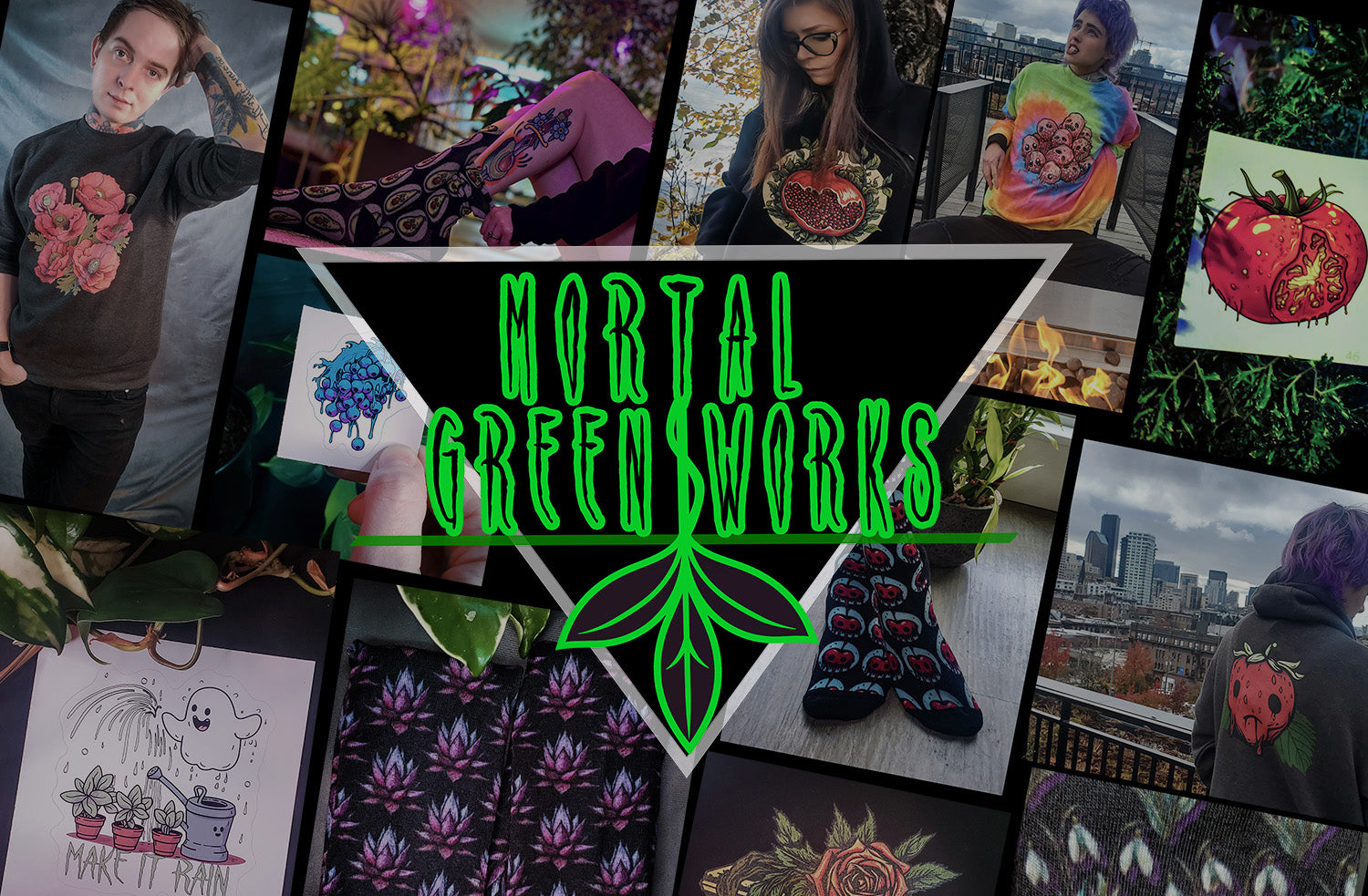 Collage of Mortal Greenworks apparel and stickers, featuring gothic plant designs and people modeling various items in urban and indoor settings.