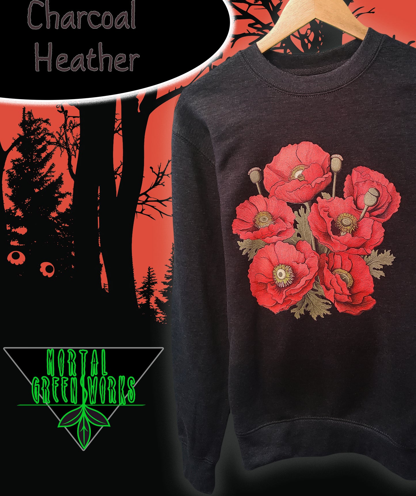 Charcoal heather sweater with red 'Eyeball Poppies' print from Mortal Greenworks, set against a contrasting red and black forest-themed background.