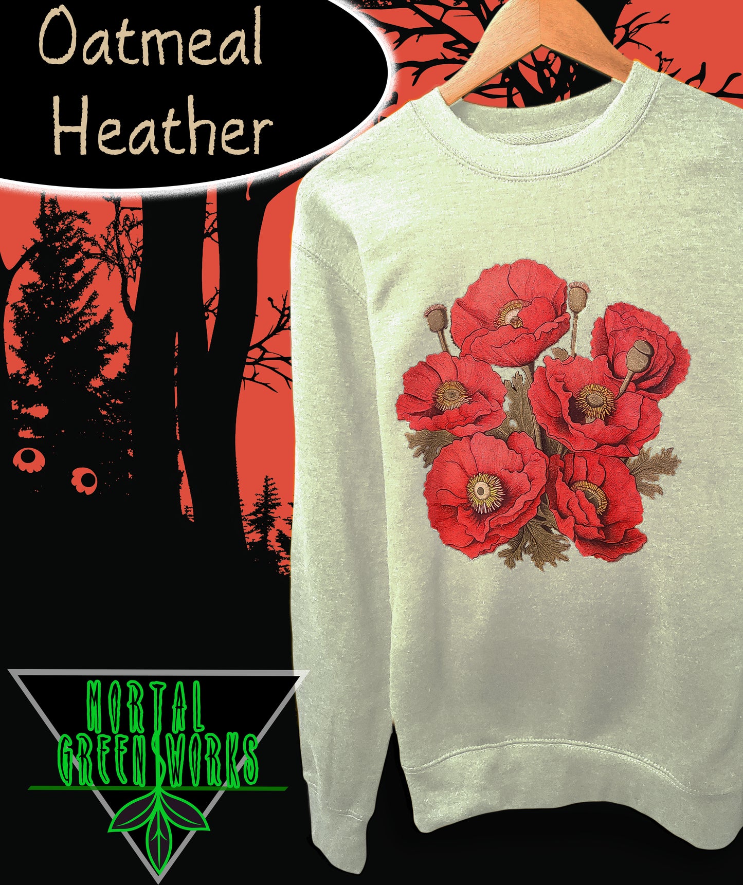 Oatmeal heather sweatshirt adorned with the 'Eyeball Poppies' design by Mortal Greenworks, presented with a dark, forest-inspired backdrop.