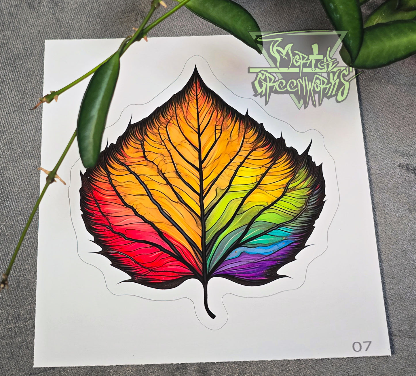 Errie, Digitally Stenciled Rainbow Birch Leaf Cut to Shape Sticker