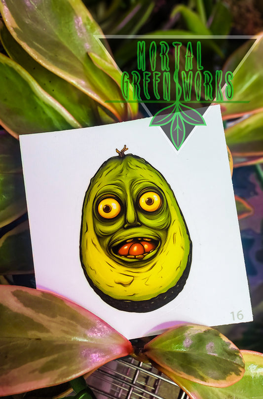 A sticker featuring an avocado with exaggerated, horrified eyes, placed amidst the foliage of a baby rubber tree.