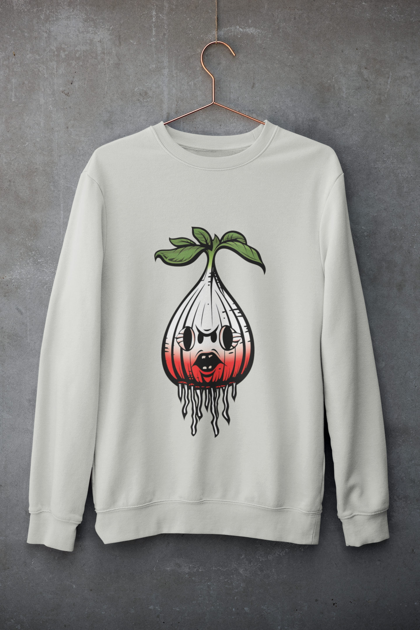 Unisex Oatmeal heather sweatshirt with 'Sinister Radish' print, blending eerie vibes with botany for a unique cottagecore horror statement piece.