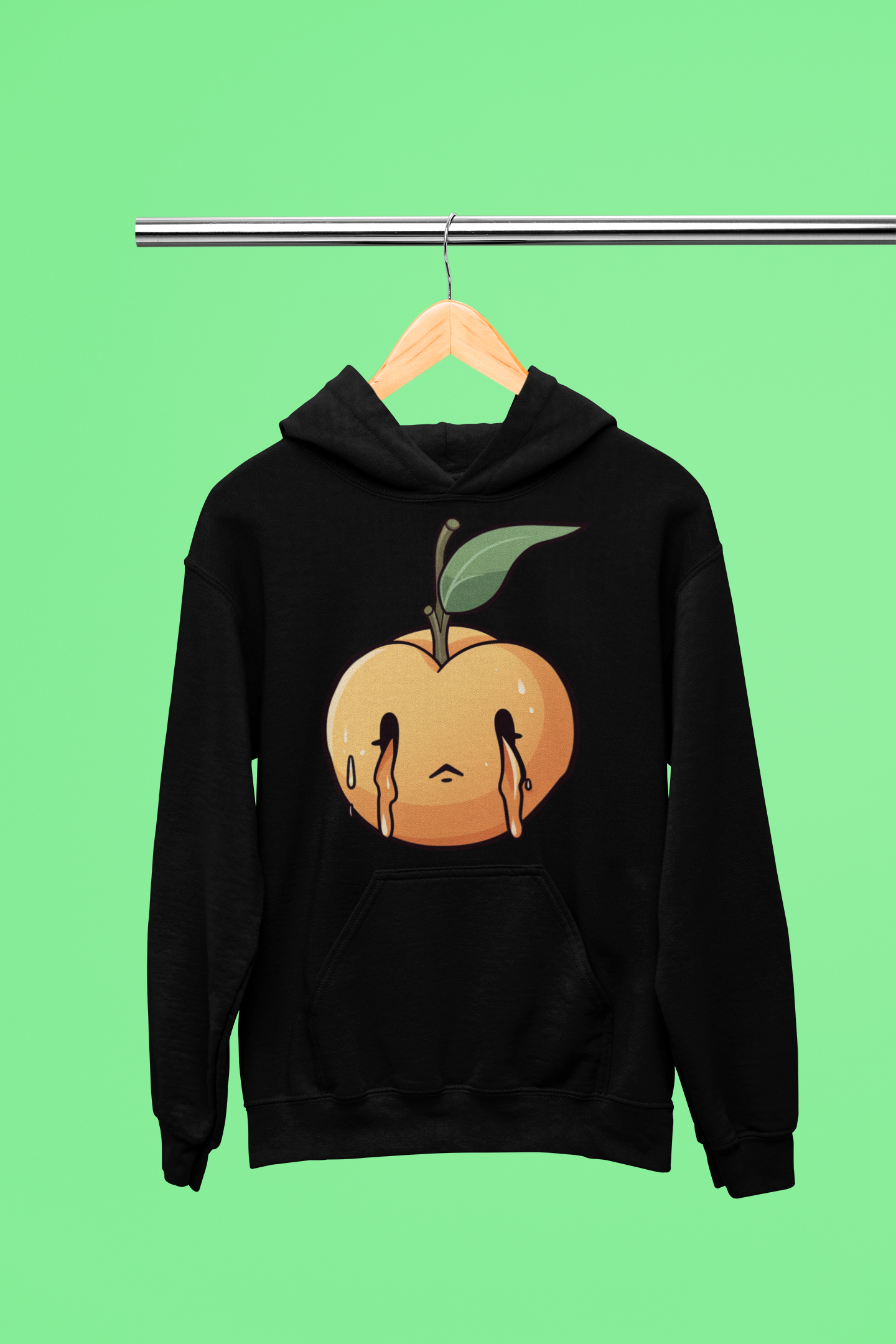  Black hoodie with a stylized peach graphic dripping with a sad face on a green background.